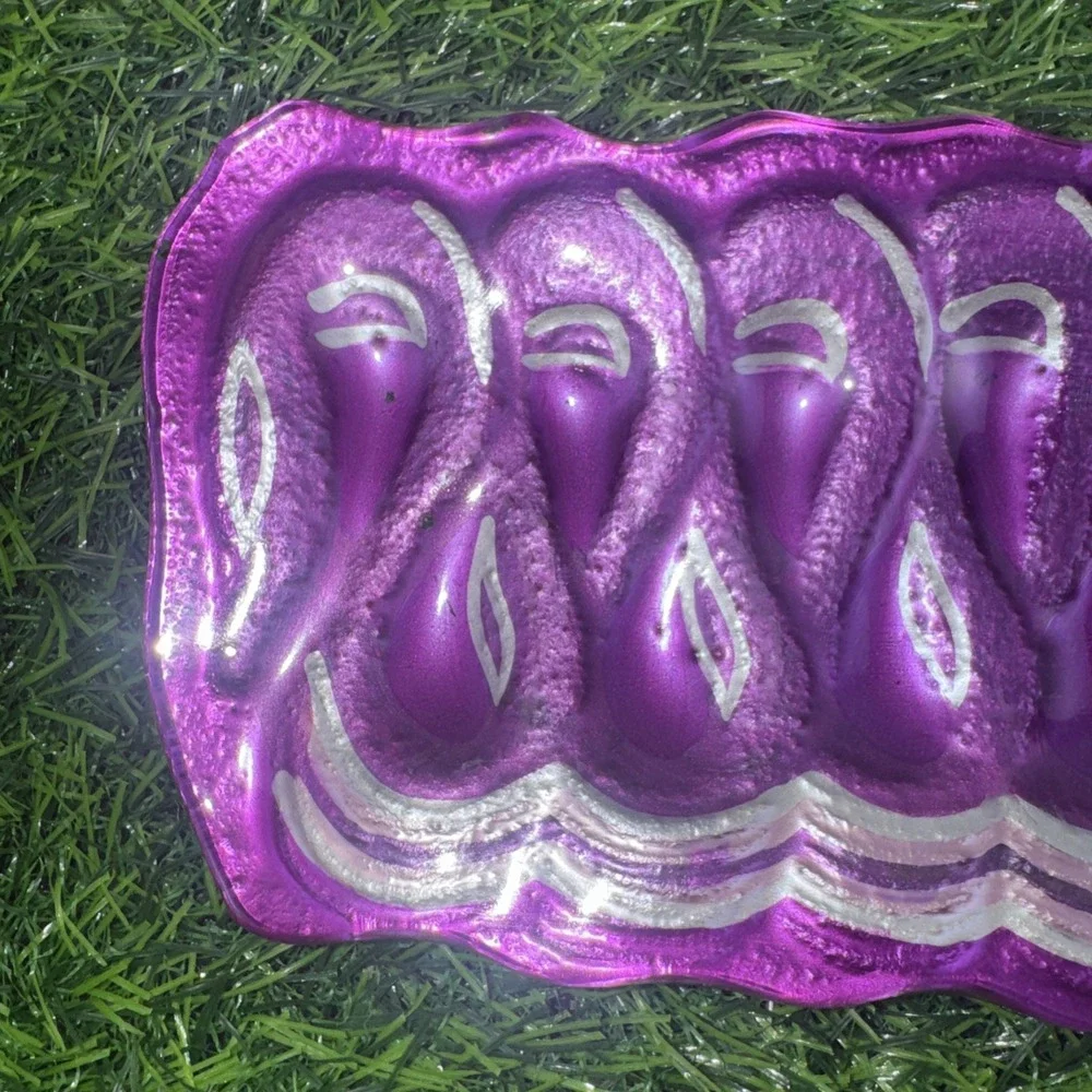 Fused Art Glass Ribbon Candy Tray Blue Magenta Silver Christmas Candy Dish Set